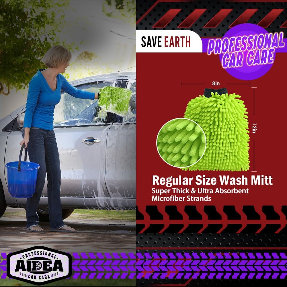 AIDEA Car Wash Mitt Microfiber, 2PK-Scratch-Free& Lint-Free, Premium Chenille Microfiber Wash