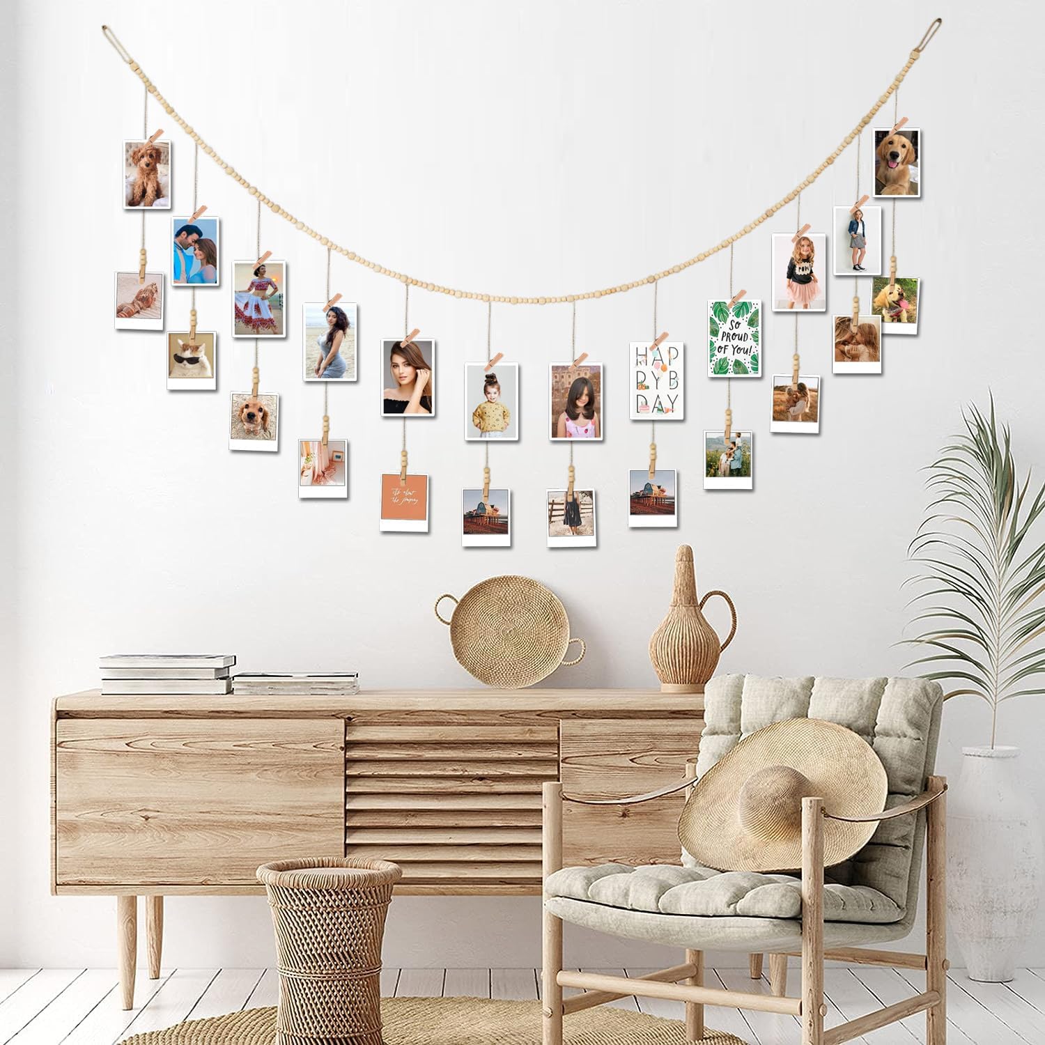 6 Feet Wooden Beads Garland with Clothespins Picture Cards Holder - Country Farmhouse Christmas