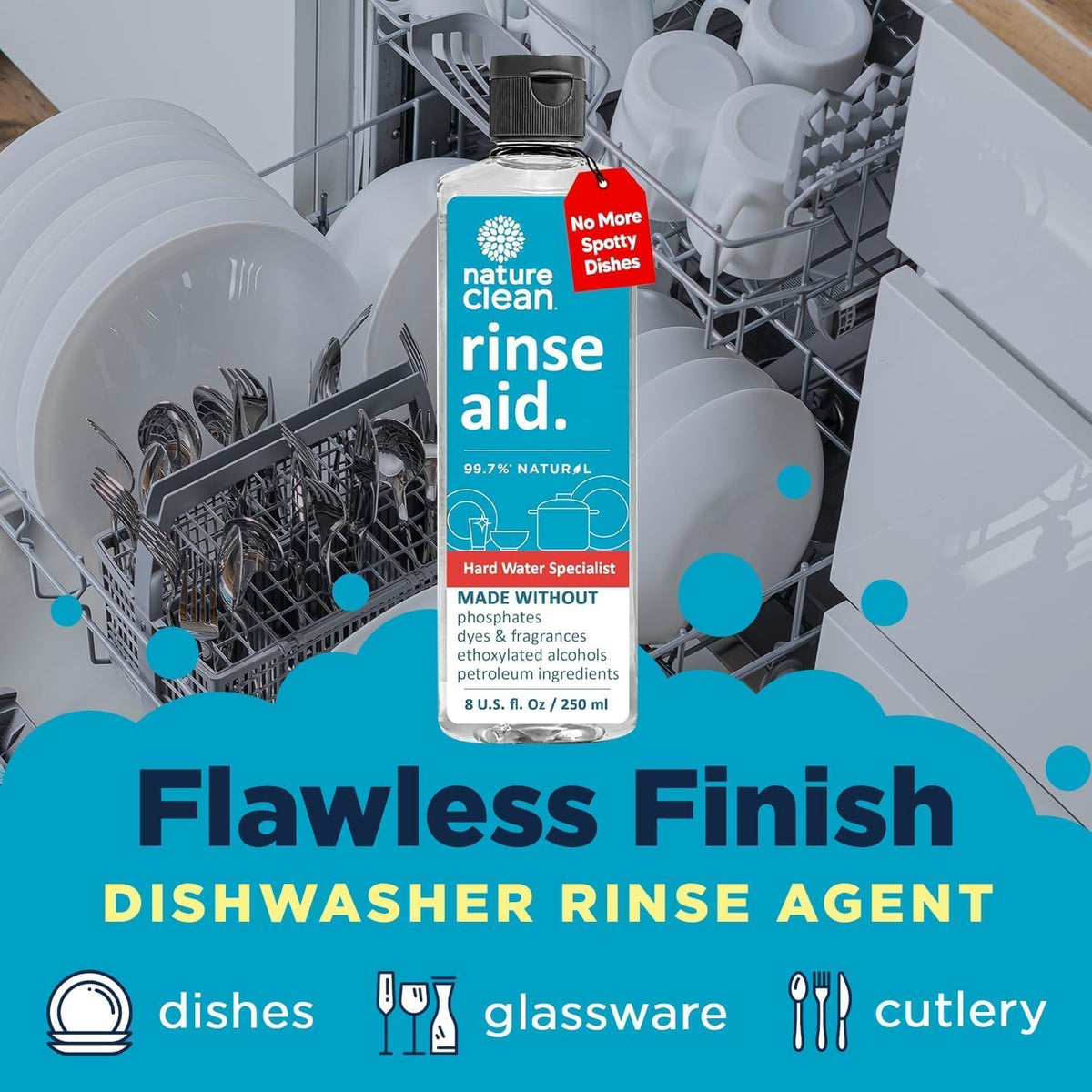 Nature Clean All Natural Dishwasher Rinse Aid Cleaner, Liquid Dishwasher Rinse Agent for Spot-Free