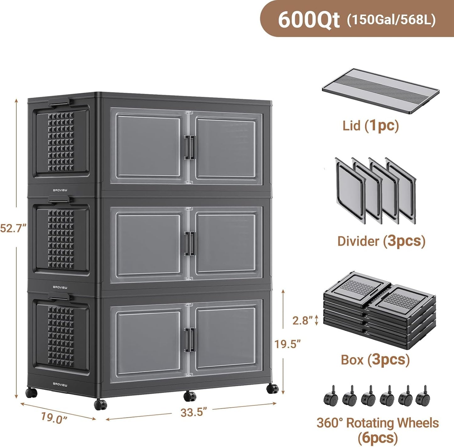 BROVIEW 52.7"H 150Gal Plastic Storage Bins with Lid & Wheels,3Pack Extra Large Stackable Storage
