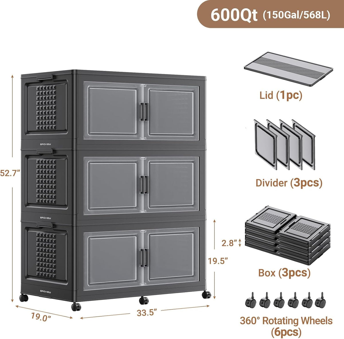 BROVIEW 52.7"H 150Gal Plastic Storage Bins with Lid & Wheels,3Pack Extra Large Stackable Storage