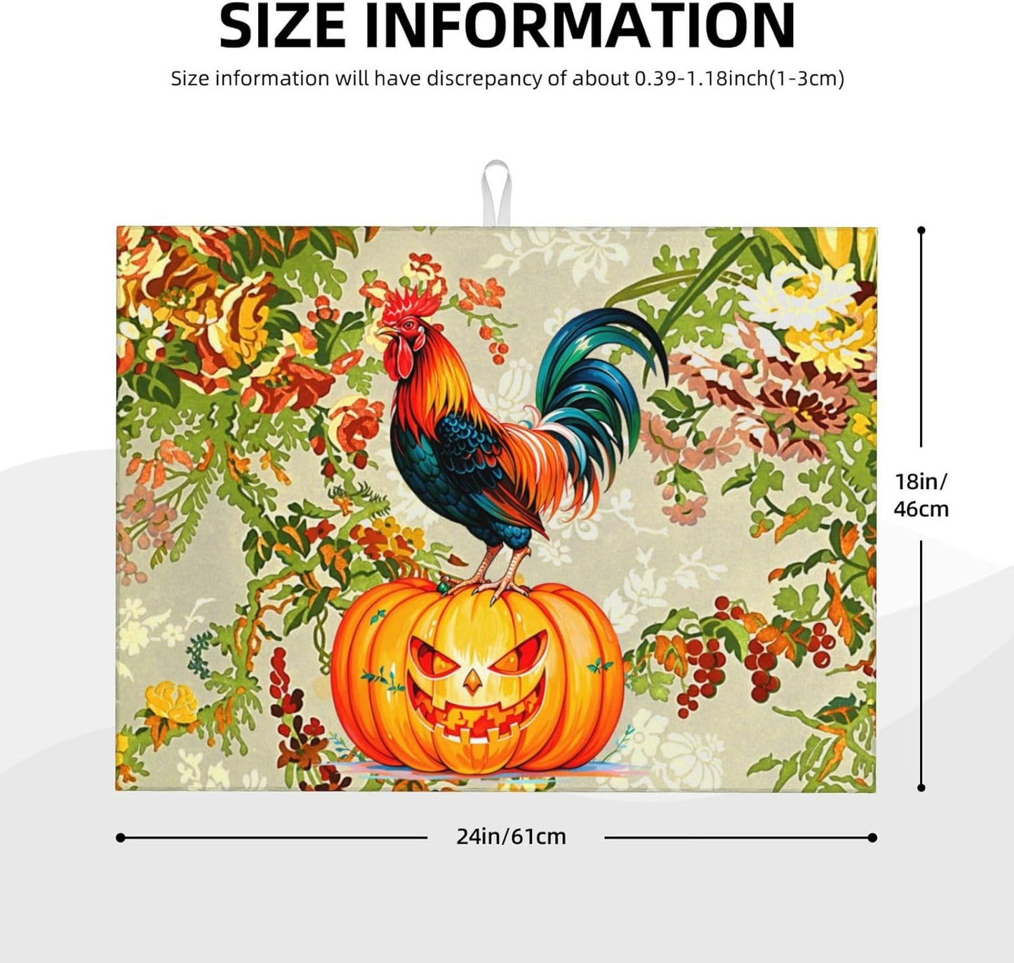 Rooster Pumpkin Dish Drying Mat Highly Absorbent Double-Sided Microfiber with Hanging Loop