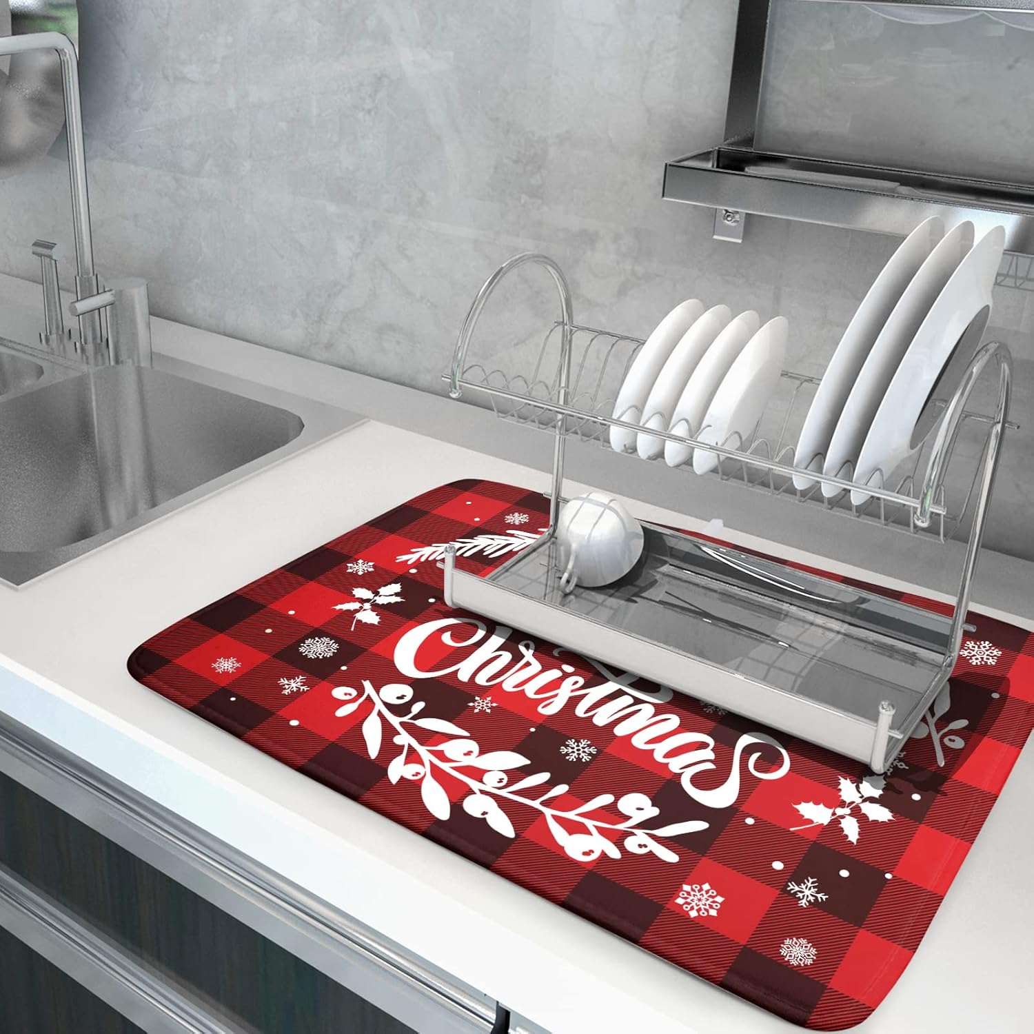 Merry Christmas Dish Drying Mat 18x24 Inch for Christmas Kitchen Counter Decor Absorbent Reversible