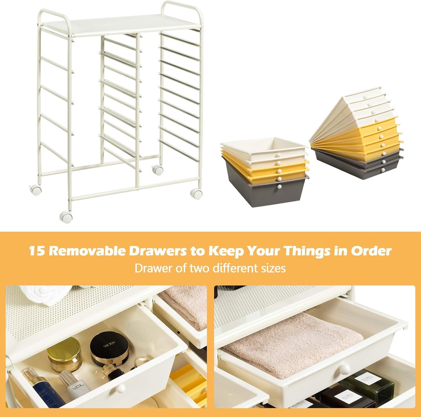 GOFLAME 15-Drawer Rolling Storage Cart, Multipurpose Movable Organizer, Utility Cart for Home