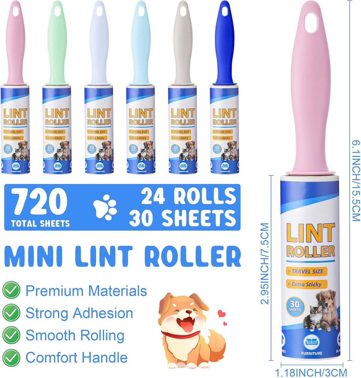 Hushee 24 Pack Bulk Mini Lint Roller for Travel 720 Sheets 6'' Small Lint Removers Portable Lint