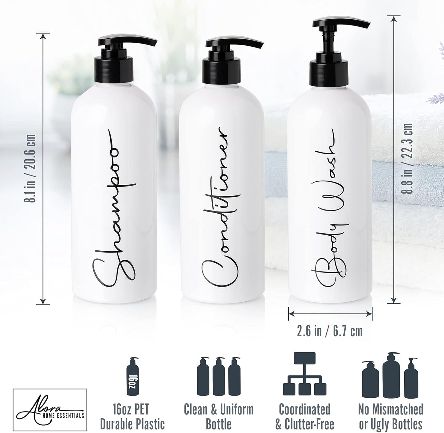 Alora 16oz Refillable Shampoo and Conditioner Dispenser Bottles - Set of 3 - Pump Bottle Dispenser