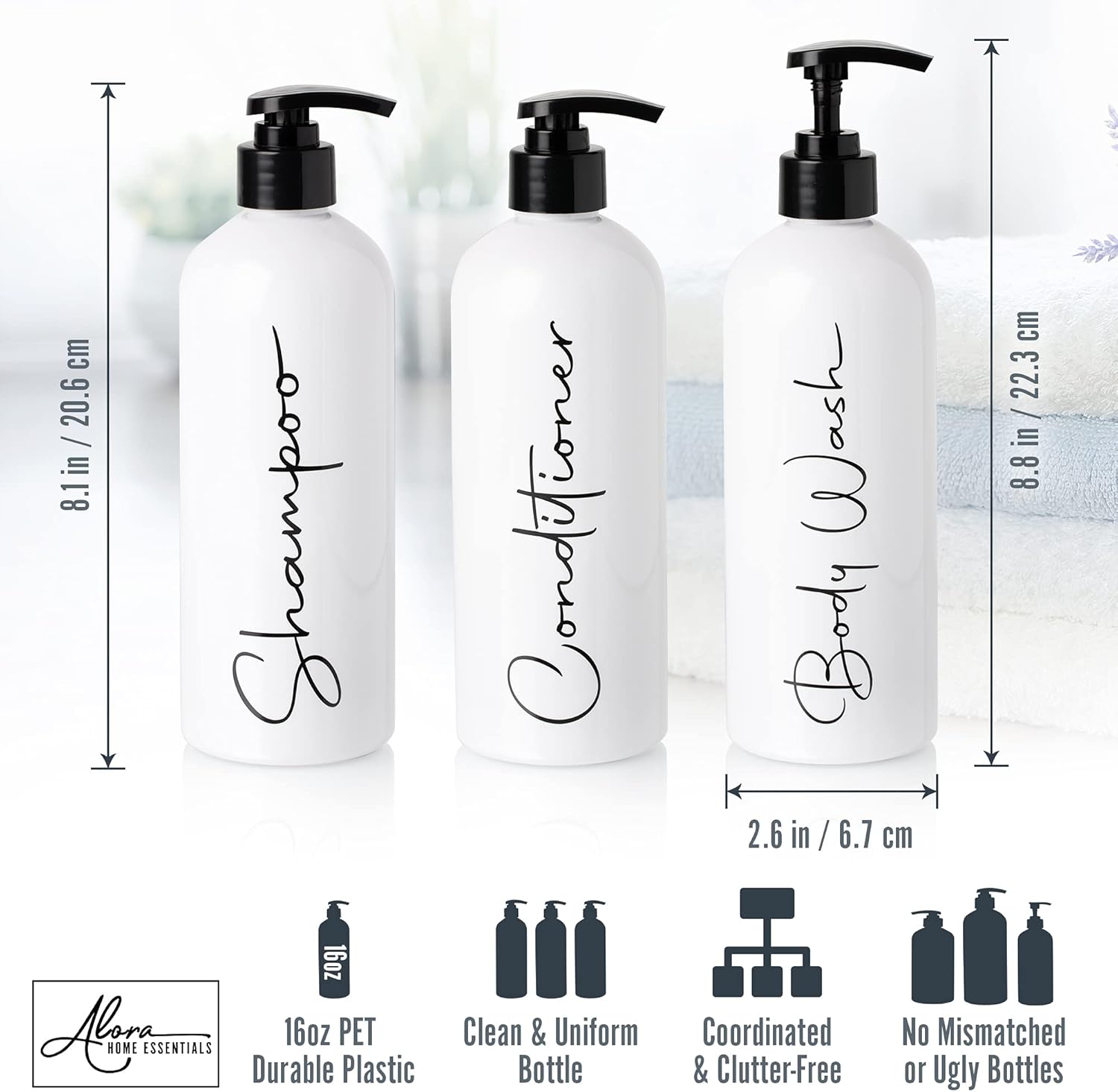 Alora 16oz Refillable Shampoo and Conditioner Dispenser Bottles - Set of 3 - Pump Bottle Dispenser