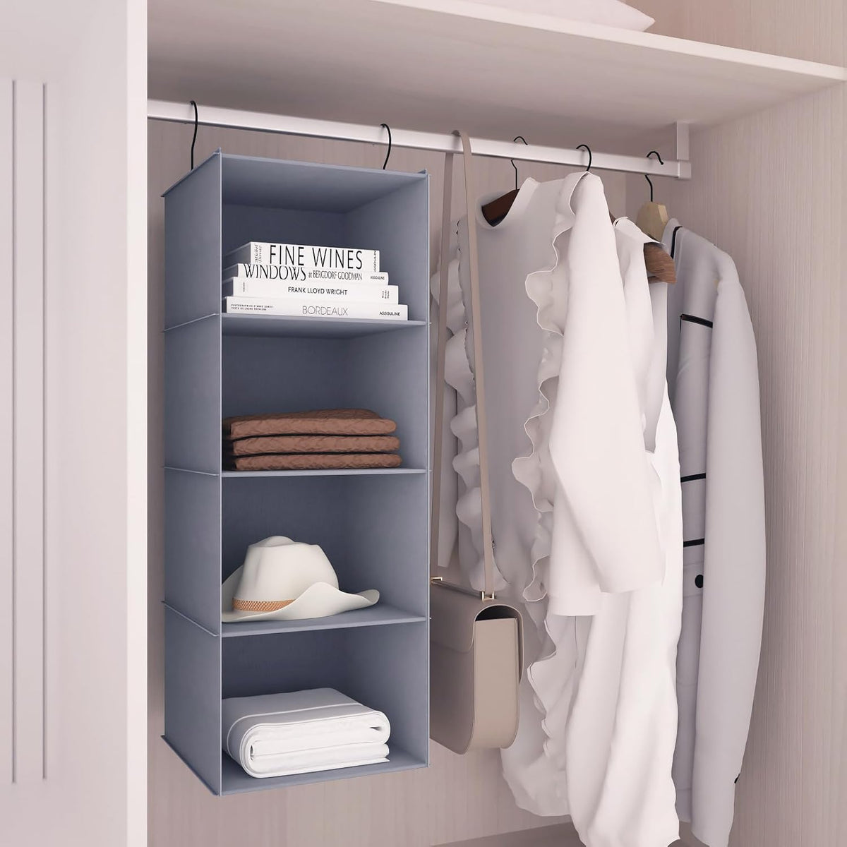 Hanging Closet Organizer, Easy Mount Foldable 4-Shelf Hanging Closet Wardrobe Storage Shelves
