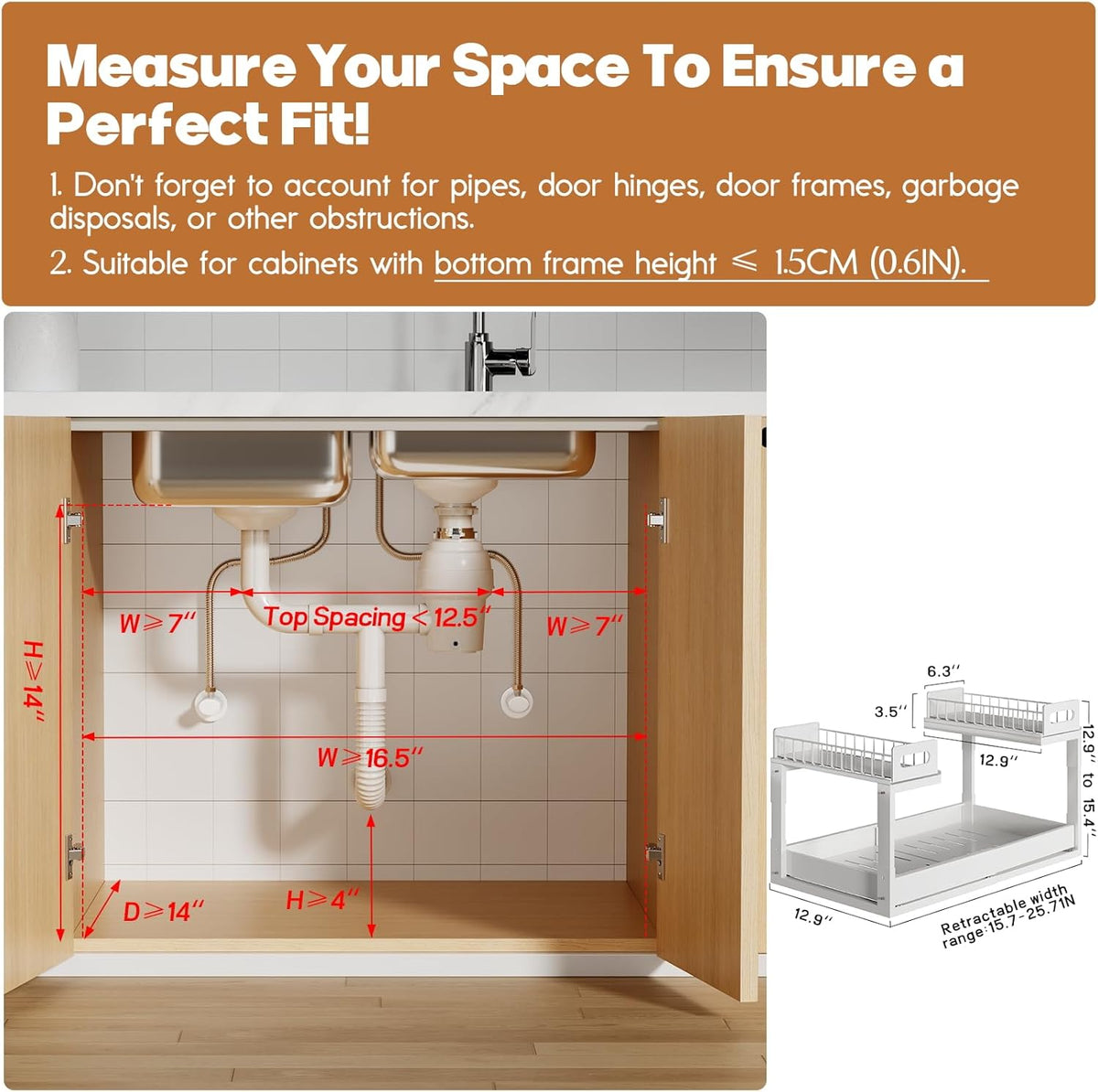 1 Pack-15.7"-25.7"W Expandable Under Sink Organizer With Upgrade Ball-Bearing Slide,2-Tier Pull Out