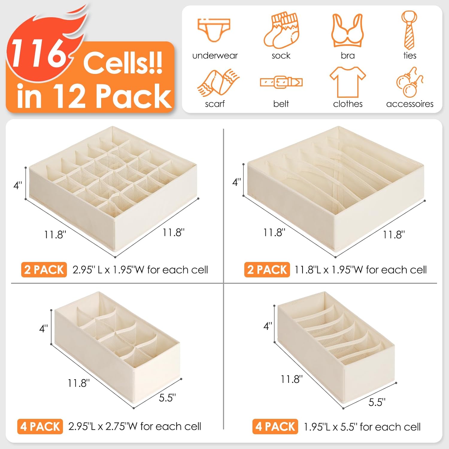 12 Pack Baby Clothes Organizer for Nursery, 116 Cells Fabric Foldable Dresser Closet Organizers and