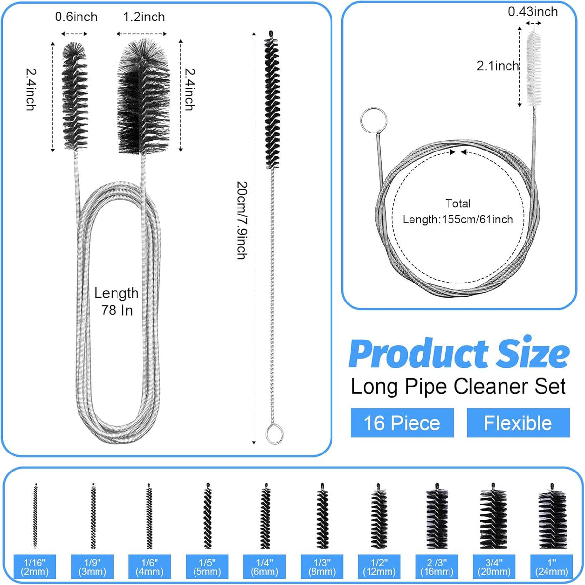 16pcs Long Tube Cleaner Set, Extra Long Hose Cleaning Brush, Pipe Cleaning Brush, Cleaning Brush