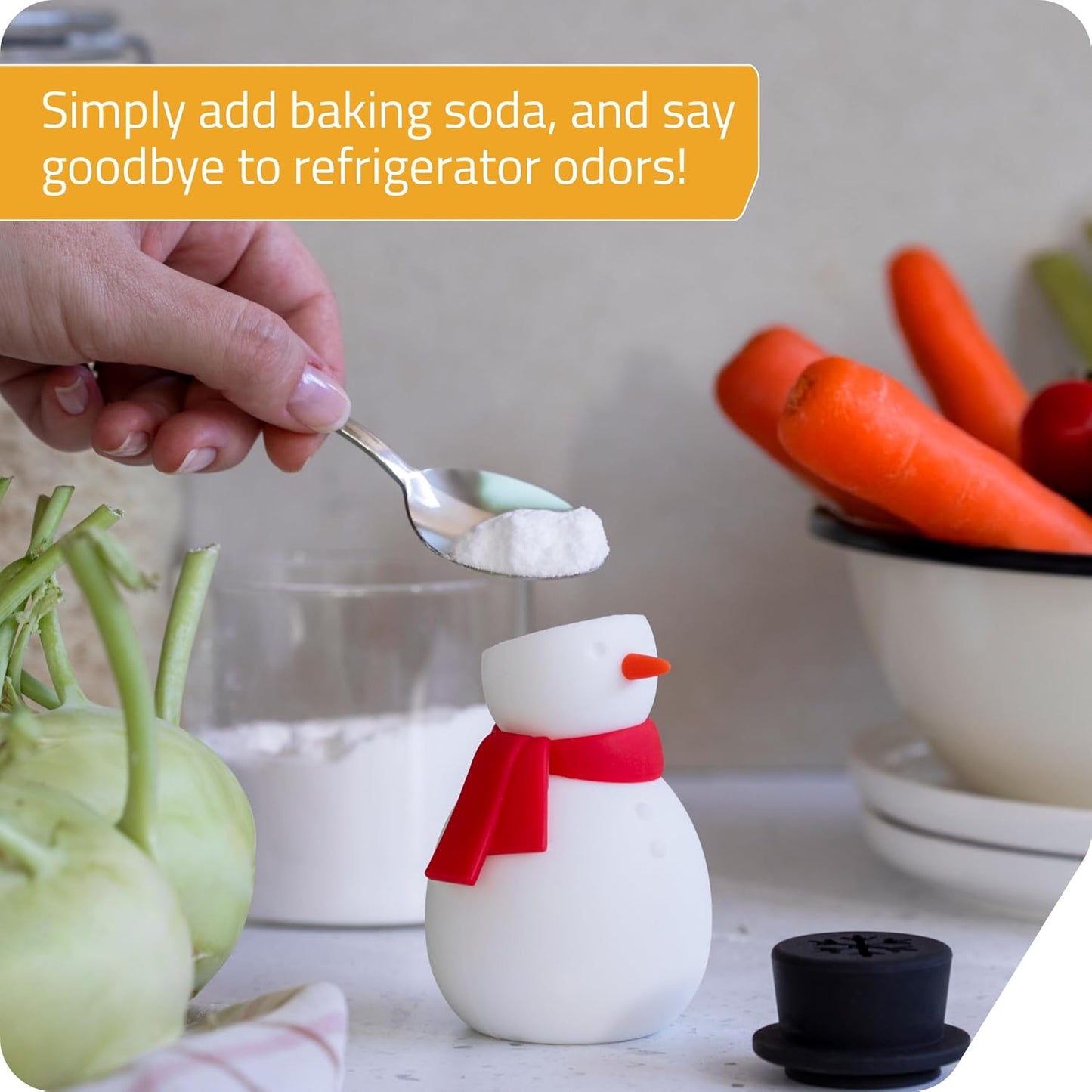 NEW - Peleg Design Freezy Fridge Deodorizer Odor Eliminator - Cute Snowman Baking Soda Container