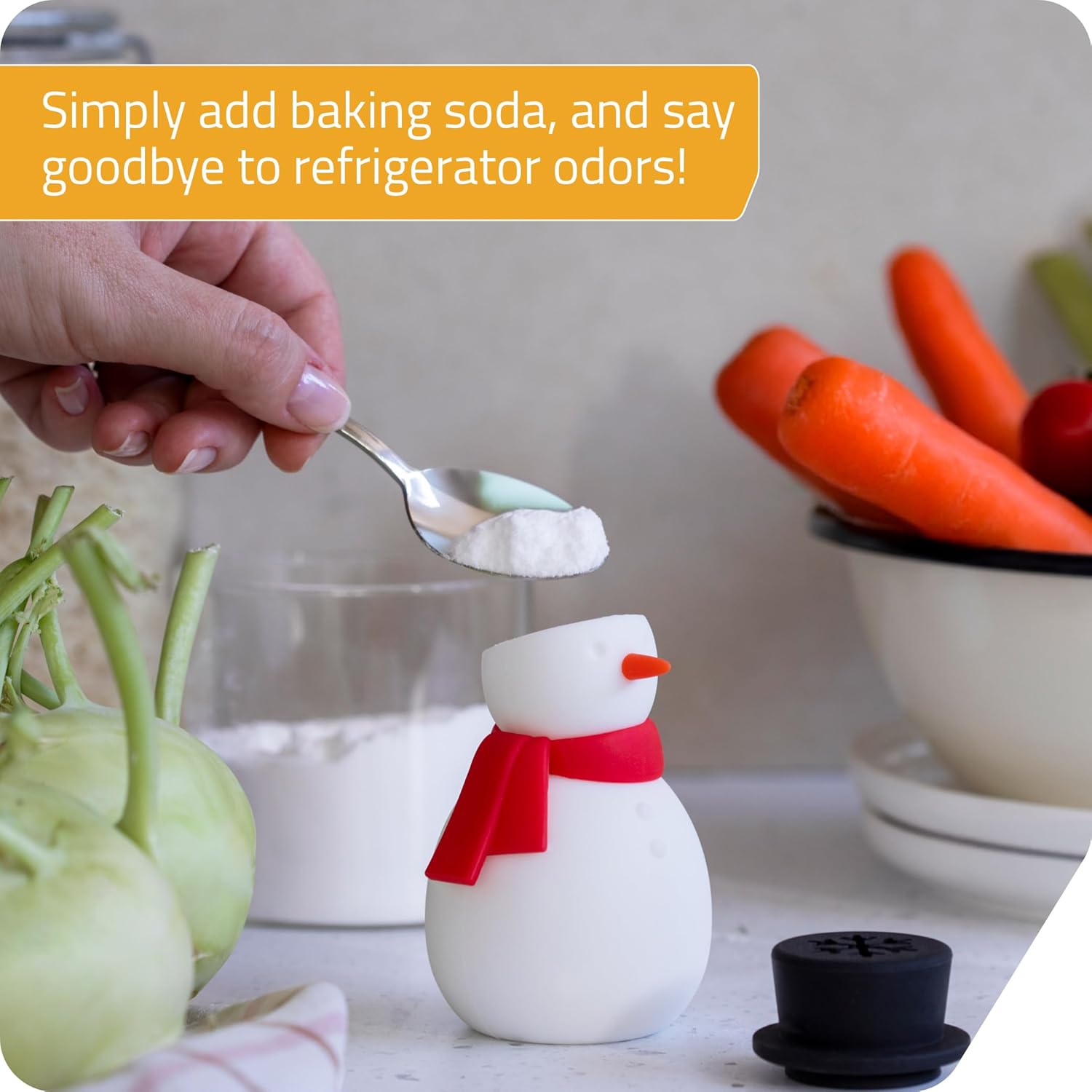 NEW - Peleg Design Freezy Fridge Deodorizer Odor Eliminator - Cute Snowman Baking Soda Container