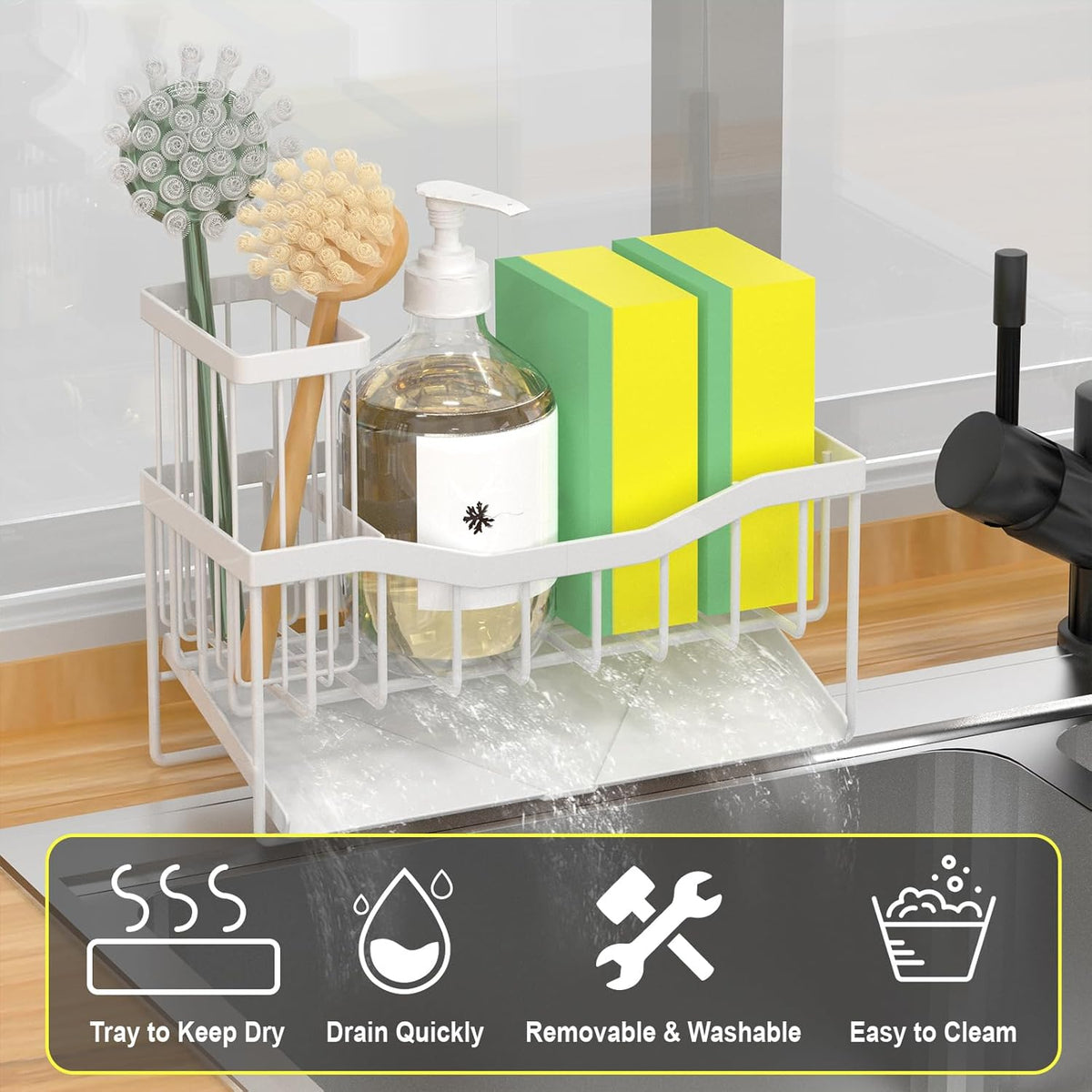 Maifan Sink Caddy Sponge Holder for Kitchen with Brush Holder and Stainless Steel Self Drain Tray