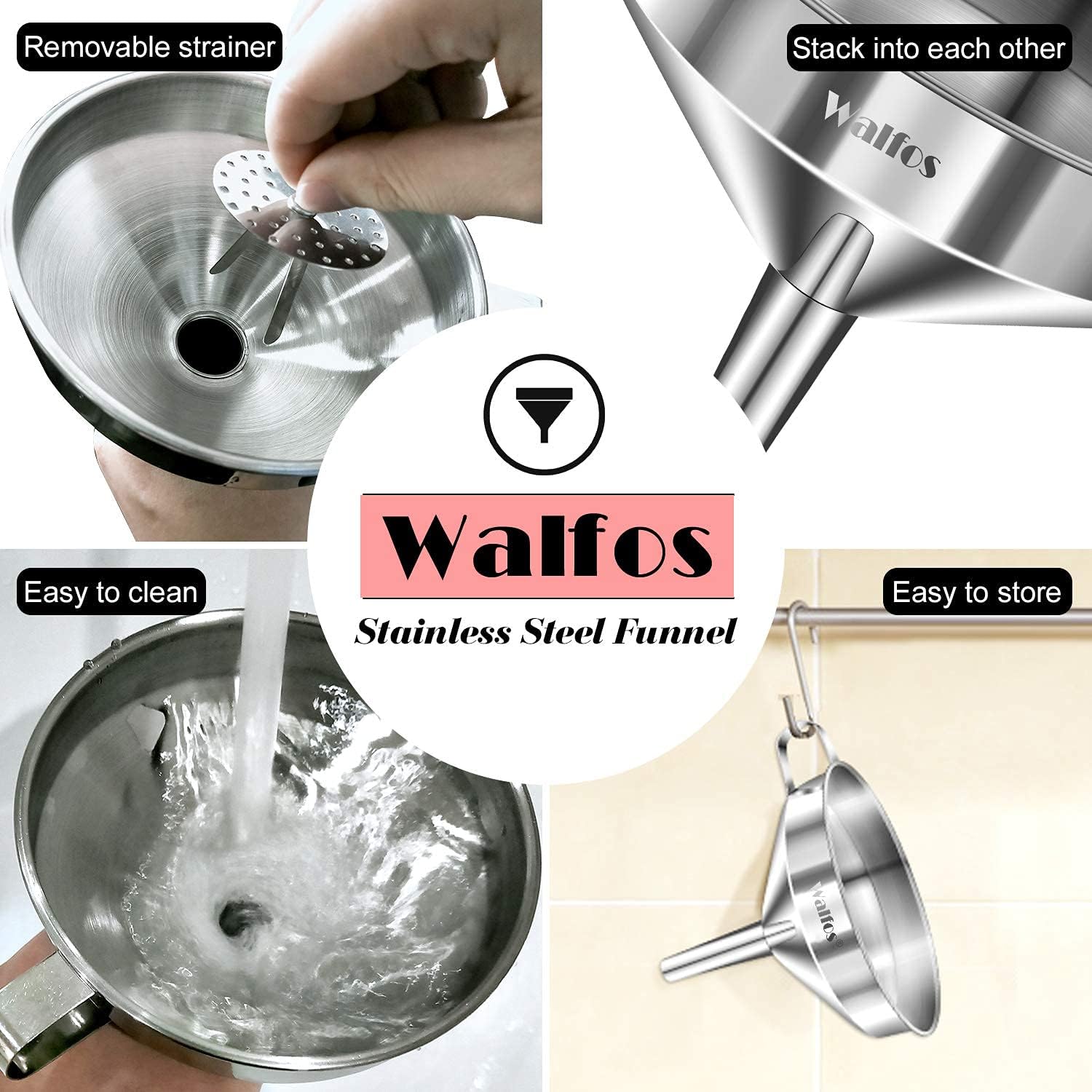 Large Stainless Steel Funnel, Walfos Kitchen Funnel with 2 Removable Strainer ＆ 1Pc Cleaning Brush