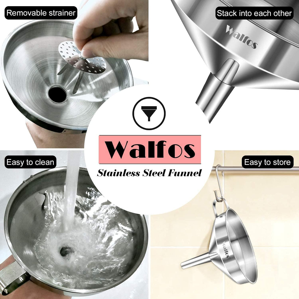 Stainless Steel Funnel, Walfos Kitchen Funnel with 2 Removable Strainer ＆ 1Pc Cleaning Brush