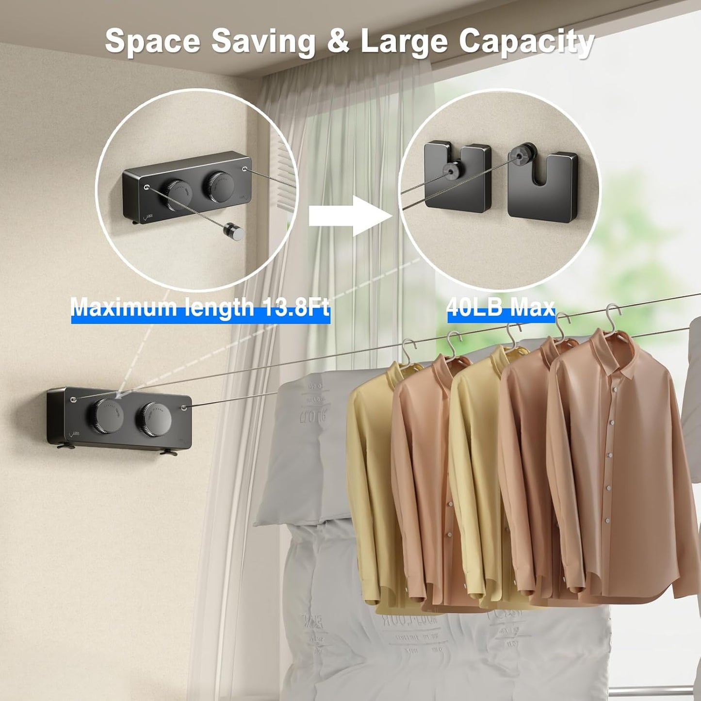Retractable Twin Clothesline Indoor, Non-Sagging Outdoor Clothes Line Retracting Heavy Duty Clothes