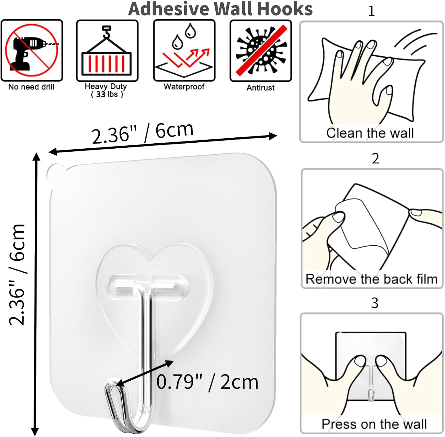 DGYB 20 Pcs Clear Adhesive Hooks for Hanging 22lb Self Adhesive Wall Hooks Heavy Duty Waterproof