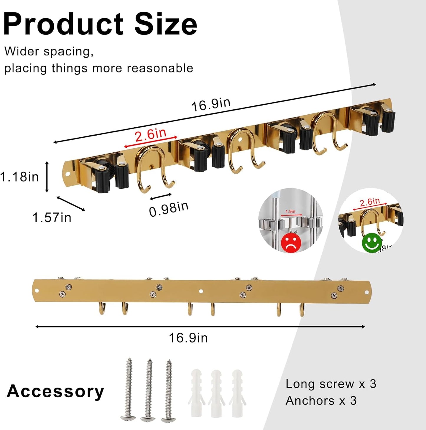 Mop Broom Holder Wall Mount, Gold Stainless Steel Tool Storage Organizer for Kitchen Garden Garage