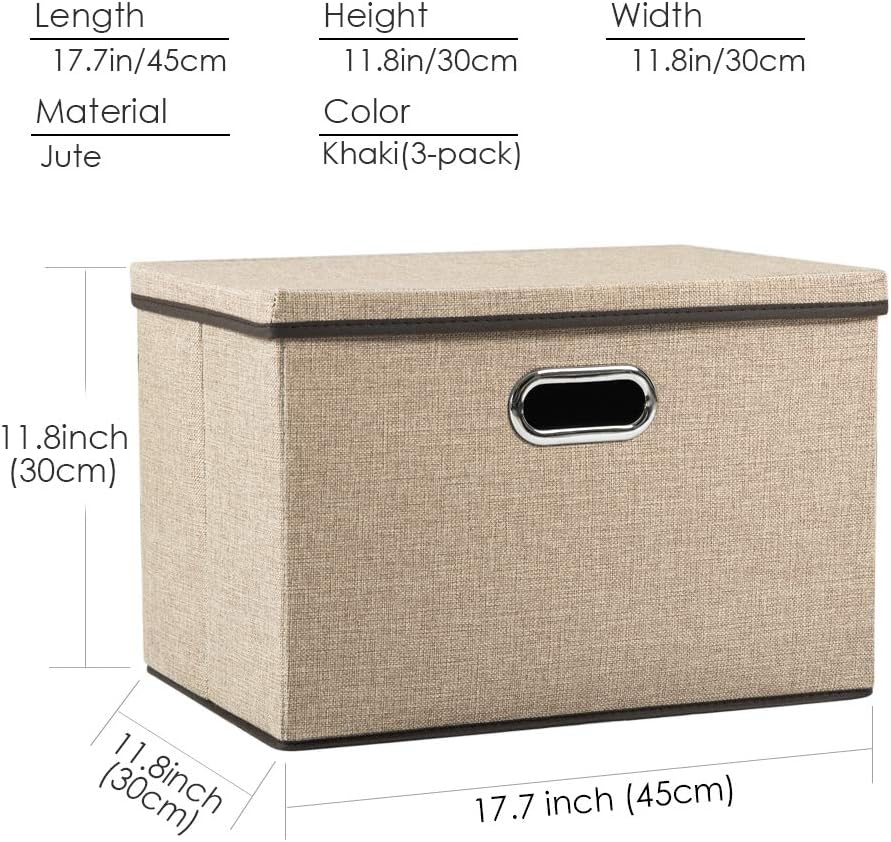 PRANDOM Large Collapsible Storage Bins with Lids [3-Pack] Jute Fabric Foldable Storage Boxes