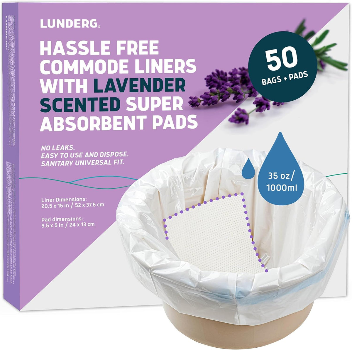 Lunderg Commode Liners with Absorbent Pads - Lavender Scent Medical Grade 50 Count Universal Fit