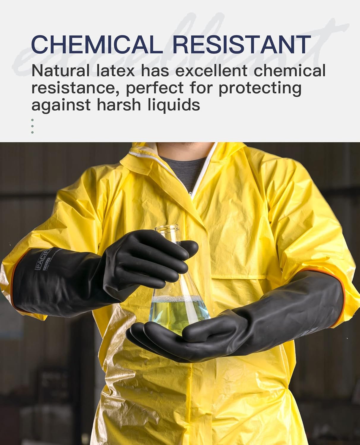 PACIFIC PPE Heavy Duty Latex Chemical Gloves, Strong Acid Resistance Rubber Gloves, Against Alkali