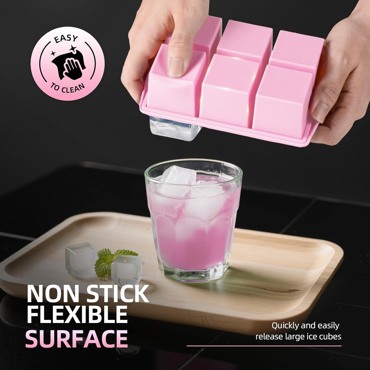 Large Ice Cube Trays for Whiskey (2 Pack) - Silicone Ice Cube Molds with Steel Frame Reinforcement