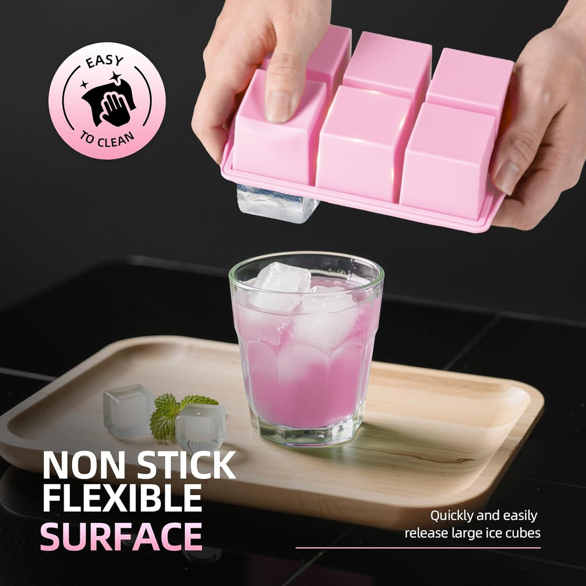 Large Ice Cube Trays for Whiskey (2 Pack) - Silicone Ice Cube Molds with Steel Frame Reinforcement