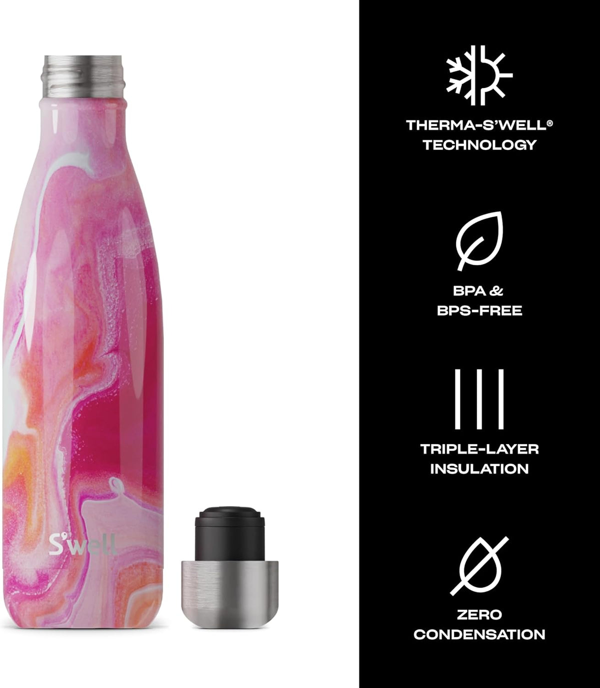 S'well Stainless Steel Water Bottle, 17oz, Rose Agate, Triple Layered Vacuum Insulated Containers