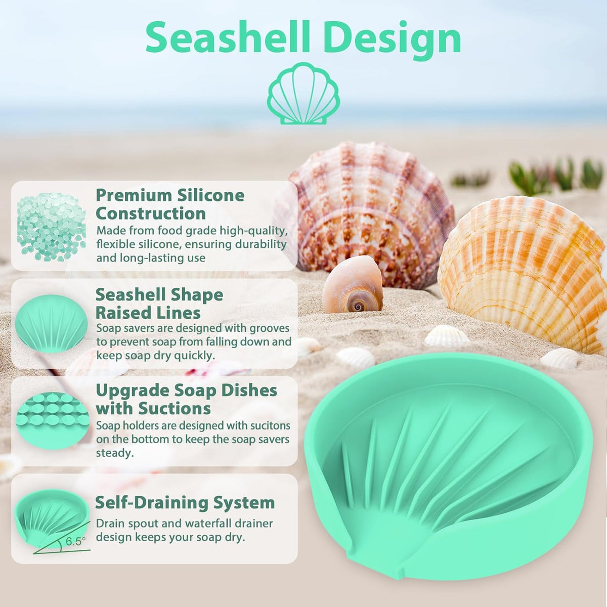 Self Draining Soap Dish, Silicone Suction Cup Soap Holder Tray Savers Container Sponge Holder for