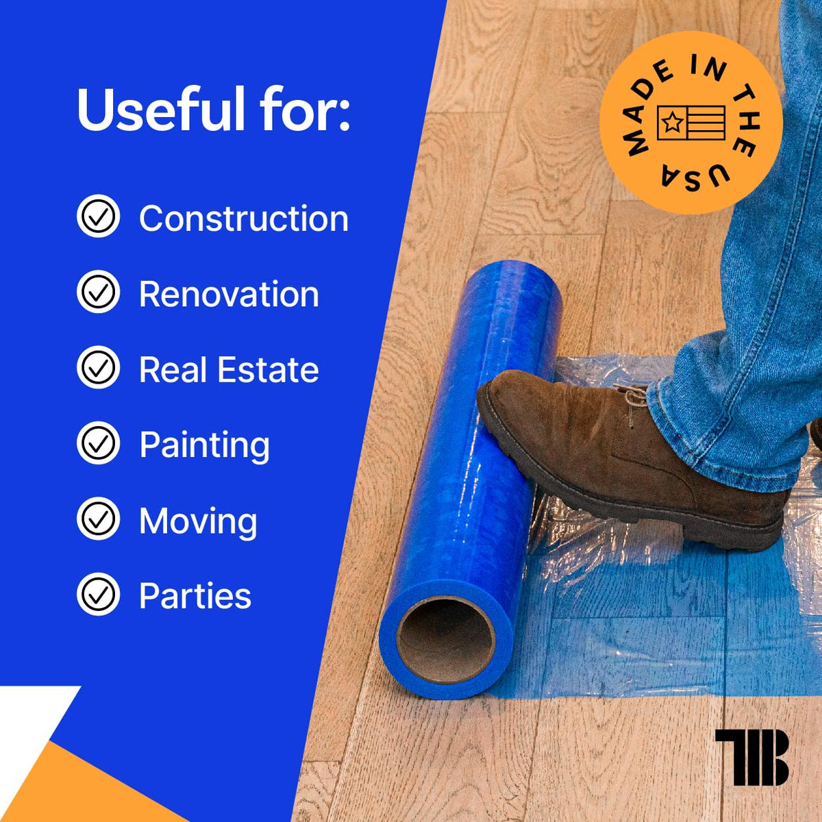 Floor Protection Film, 48" x 200', Made in USA, Blue Self Adhesive Floor Protector Tape for Moving
