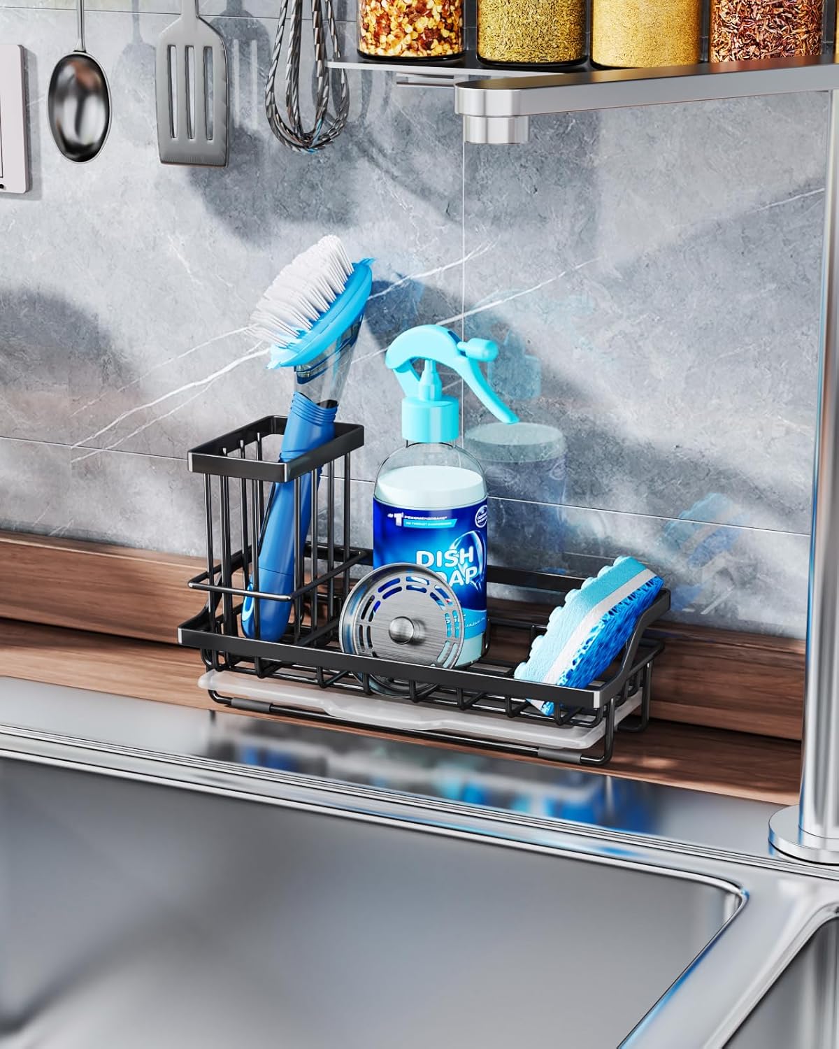 Consumest Sponge Holder for Kitchen Sink - Kitchen Sink Caddy Organizer with Removable Drip Tray