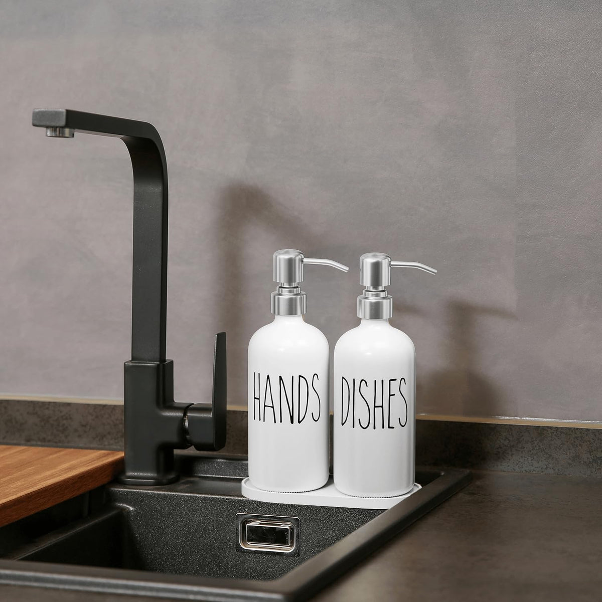 MOMEEMO Soap Dispenser for Kitchen Sink, White Soap Dispenser with Silver Metal Pump, Suitable for