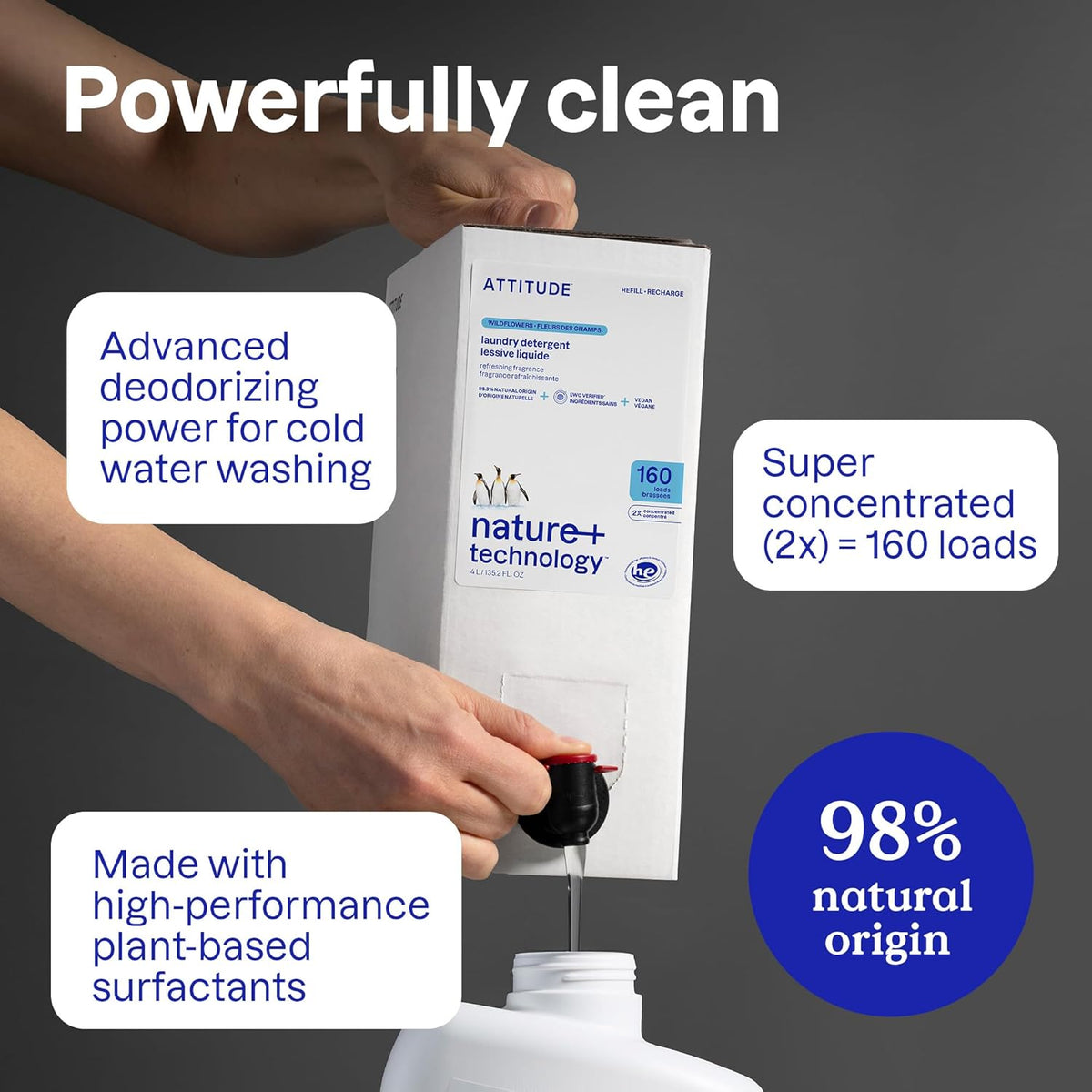 ATTITUDE Liquid Laundry Detergent Refill, EWG Verified, HE Compatible, Plant-Based & Vegan, Natural