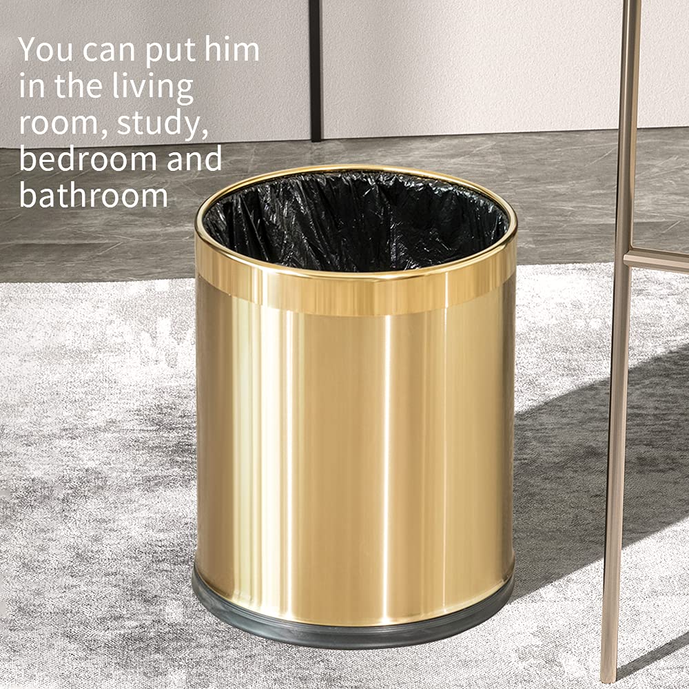 2.6Gallon/10L Brass Gold Bathroom Trash Can - Gold Waste Basket for Bedroom, Office, Store - Metal