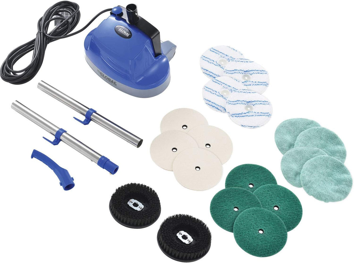 Global Industrial Mini Floor Scrubber With Floor Pads, 11" Cleaning Path, Dual Nylon Scrub Brushes
