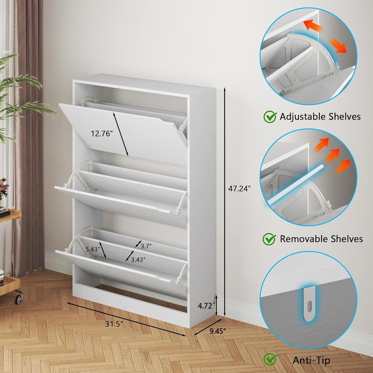 Shoe Cabinet with 3 Flip Drawers, Hidden Wood Shoe Cabinet,Freestanding Shoe Storage Cabinet for