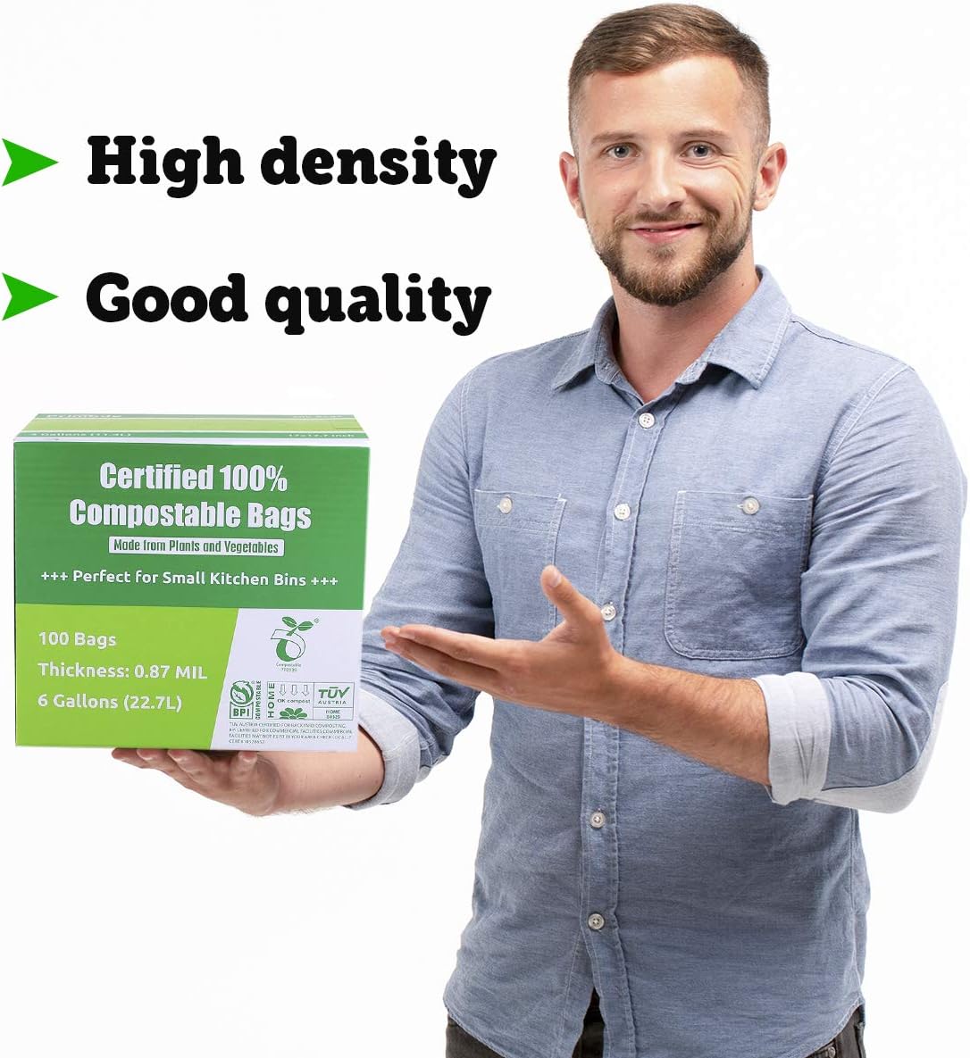 Primode Compostable Bags 6 Gallon Food Scraps Yard Waste Bags, 50 Count, Extra Thick 0.87 Mil.