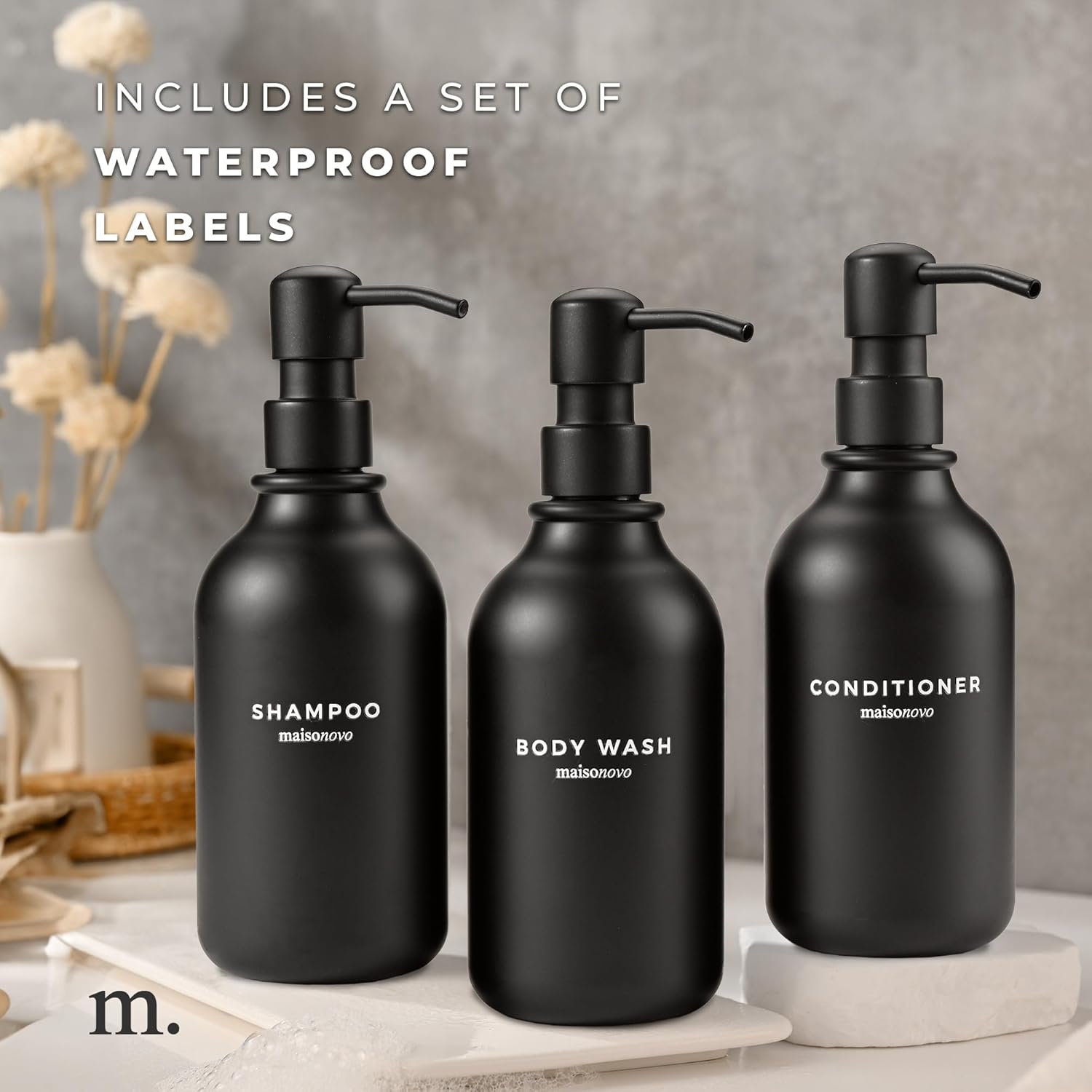 MaisoNovo Refillable Shampoo and Conditioner Bottles | 16.9 fl oz Set of 3 Black Plastic Bottles