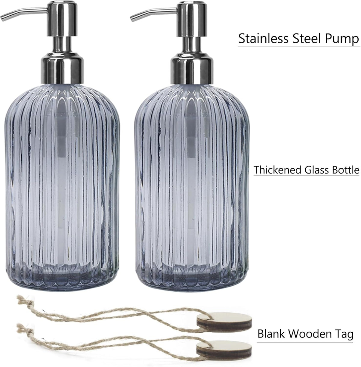 Grey Glass Soap Dispenser 18 oz, 2 Pack Hand Dish Soap Dispensers Bathroom with Stainless Steel