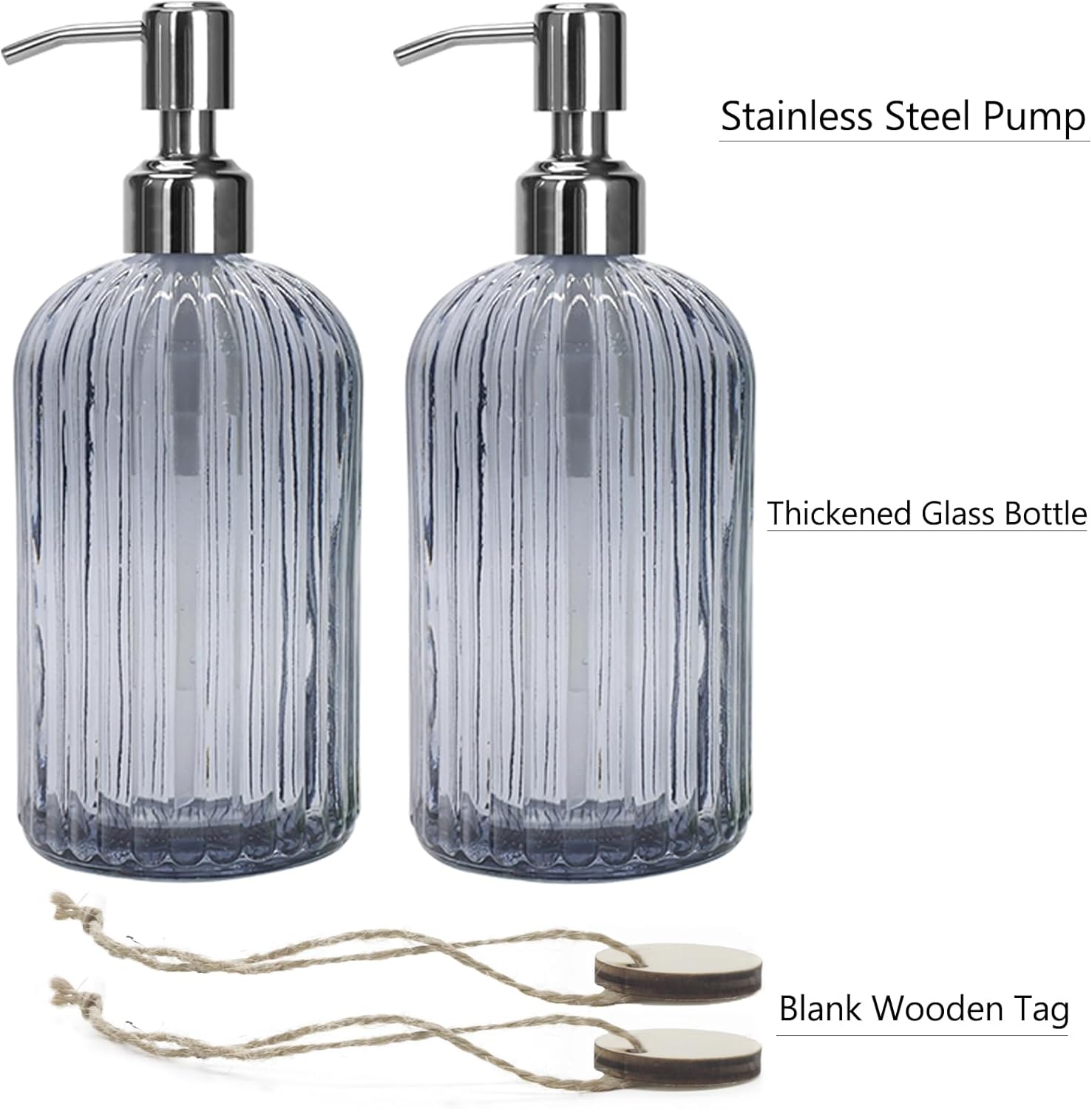 Grey Glass Soap Dispenser 18 oz, 2 Pack Hand Dish Soap Dispensers Bathroom with Stainless Steel