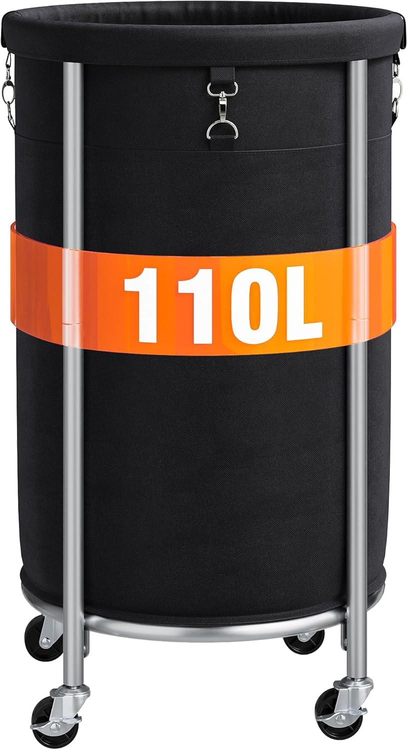 ELYKEN Laundry Hamper with Wheels, 110L Rolling Laundry Basket, Round Laundry Cart with Steel Frame