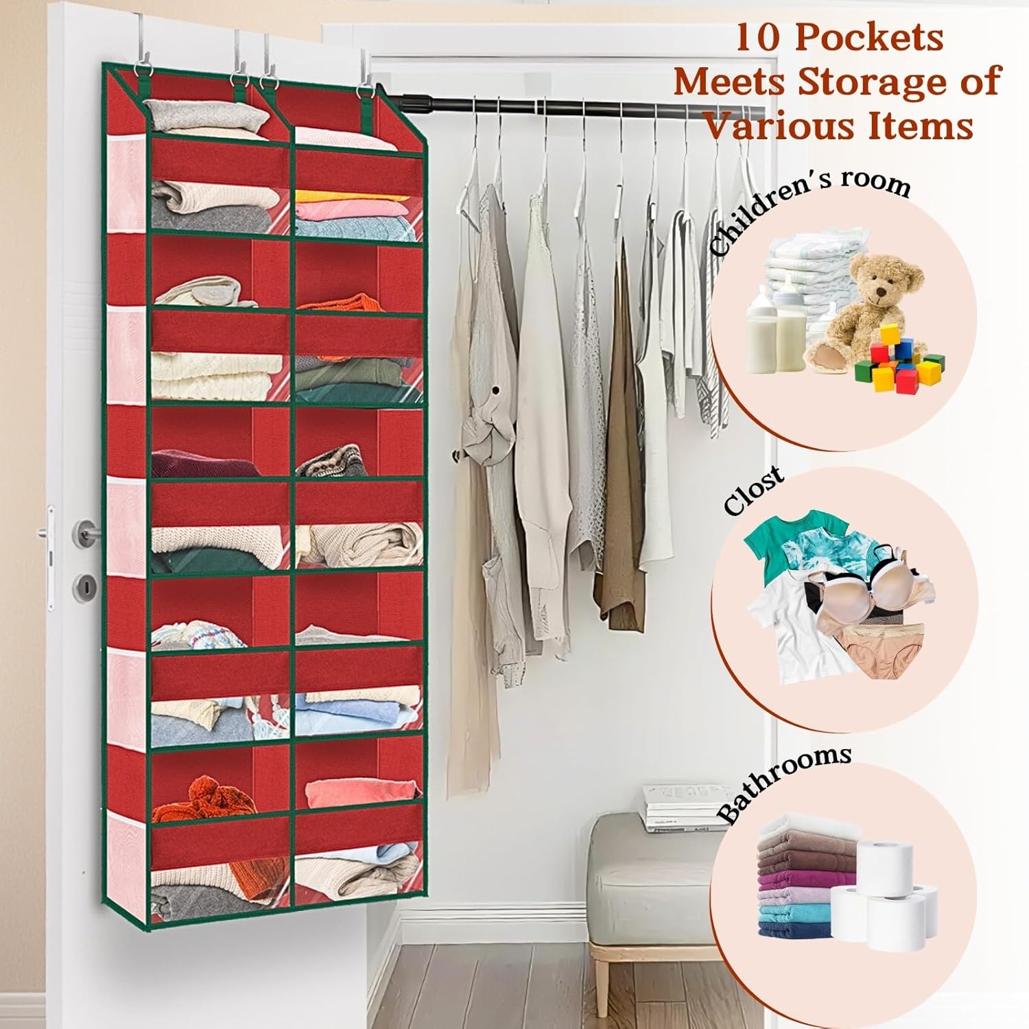 Over The Door Organizer 5 Tiers, Extra Large Behind Door Storage of 10 Compartments, 80 lbs Weight