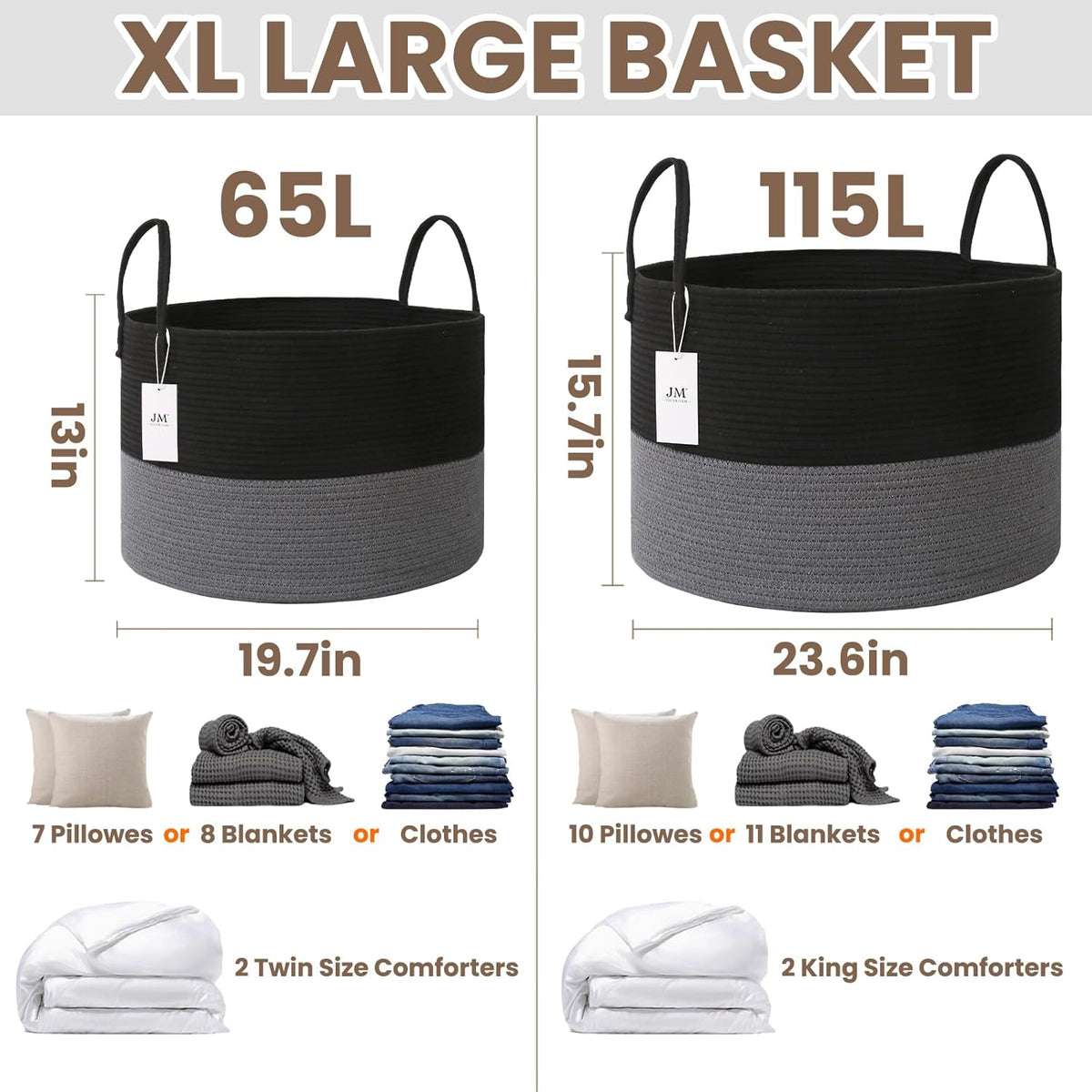 Woven Blanket Basket,65L Large Rope Storage Bin with Handles, Organizer for Blankets Toys Book and