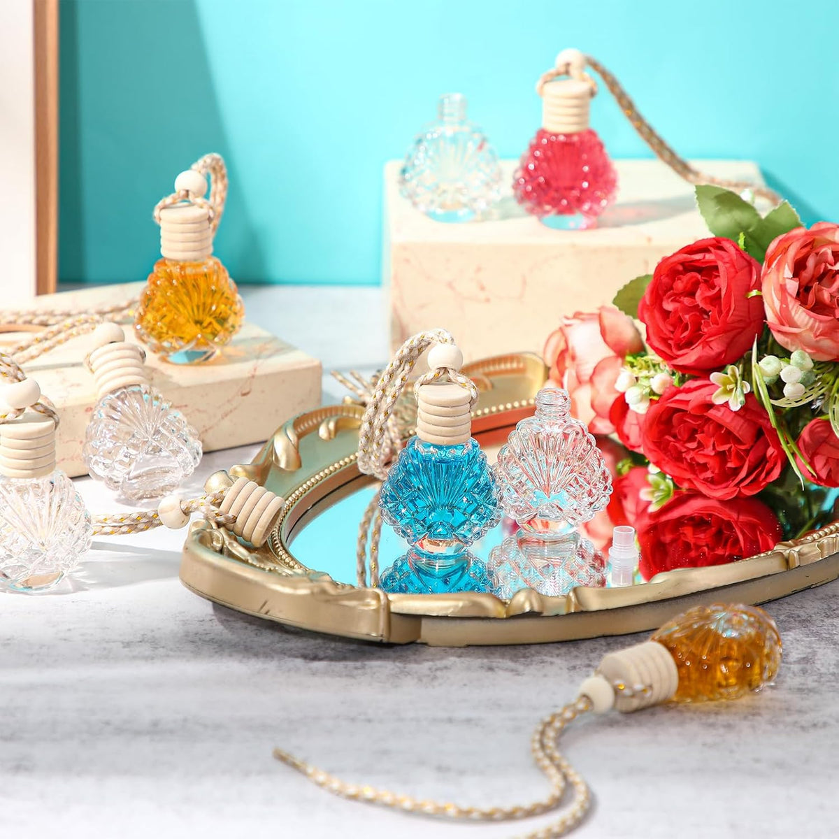 BBTO 50 Pcs Hanging Car Air Freshener Car Diffuser Bottles Empty Glass Perfume Bottle Freshener