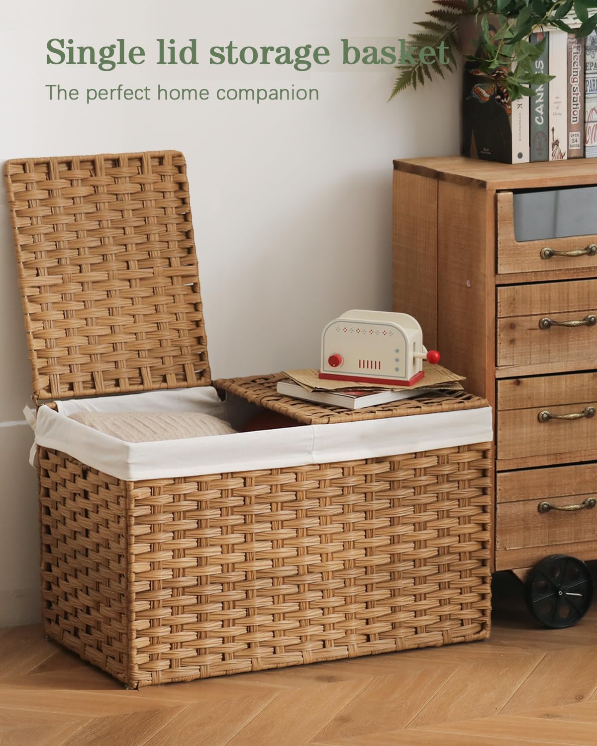 Storage Basket with Lid Rattan Storage Basket with 2 Separate Lid, 27.8 Gallon (105 L) 25.2 * 15.4
