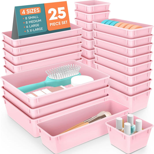 WOWBOX 25 PCS Plastic Drawer Organizer Set, 4 Sizes Desk Drawer Divider Organizers and Storage Bins