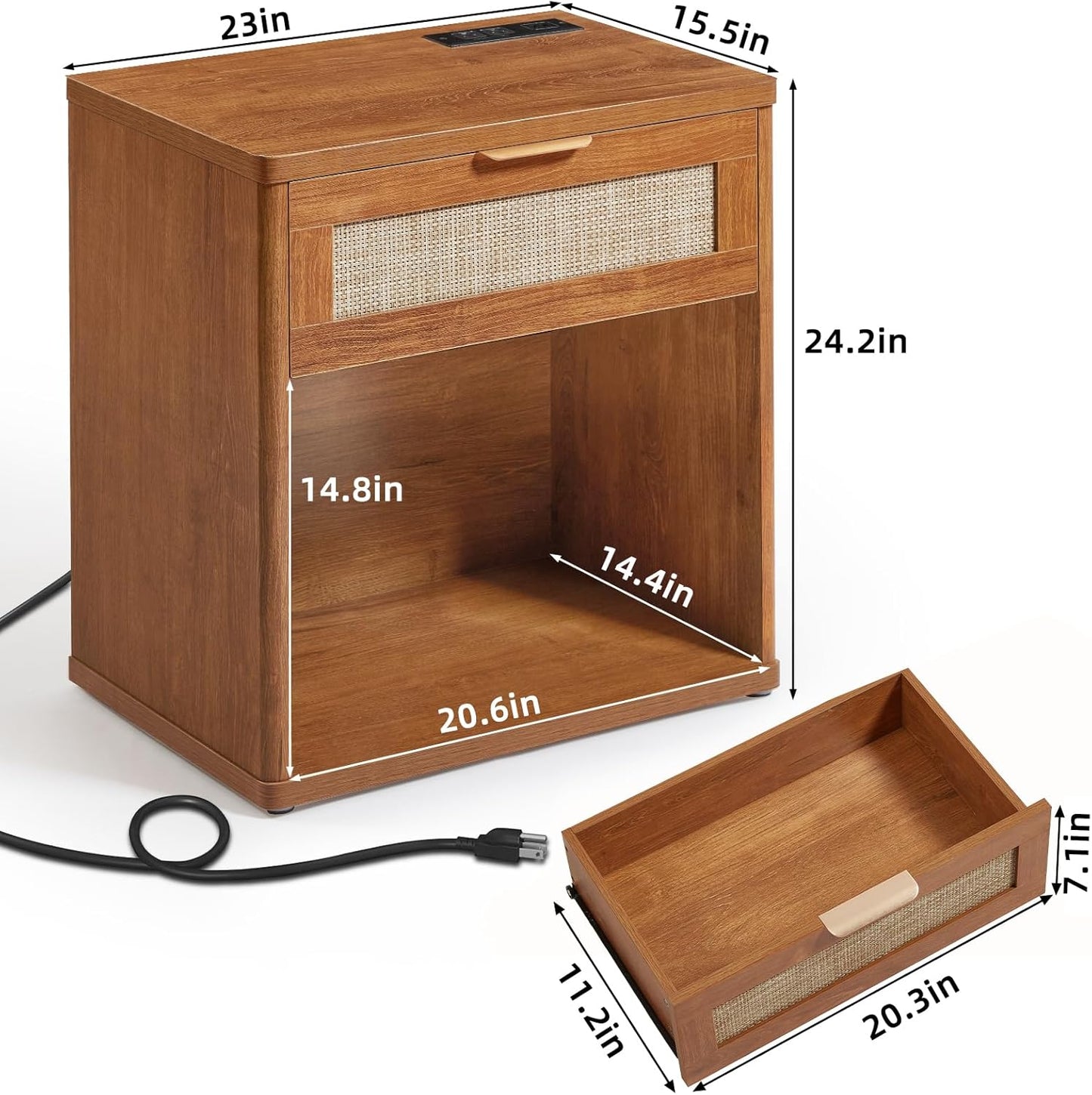 LEYAOYAO Rattan Nightstand with Charging Station, 23" Wide Boho Night Stand with Drawer, Natural