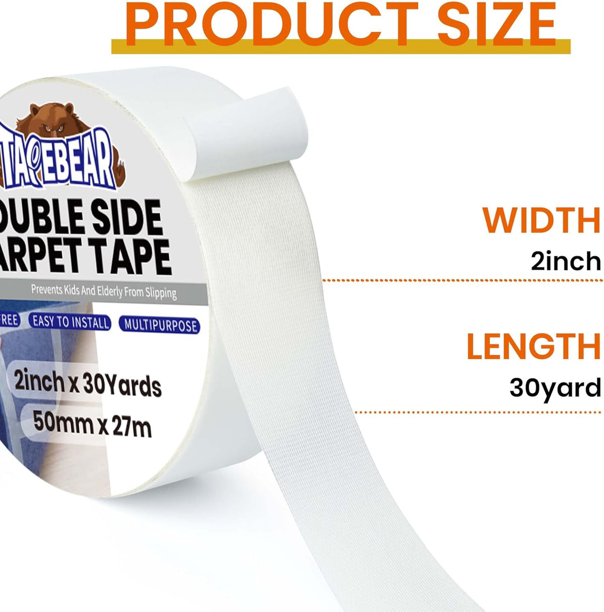 TAPEBEAR Carpet Tape Double Sided 2Inch x 30Yards, Heavy Duty Rug Gripper Anti Slip Anti Curling