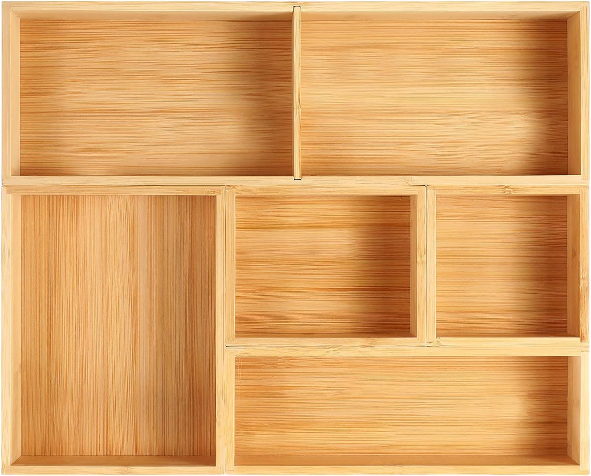 Fabsome Bathroom Drawer Organizer, Bamboo Box Bin for Junk Vanity Desk Makeup Drawer, Small Wooden